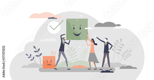Choosing positive smiling colleague over sad and negative tiny person concept, transparent background.Chose happy attitude for office people illustration.