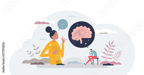 Counseling psychology and psychotherapy mind session tiny person concept, transparent background. Mental care and medical help to solve bad mood, feeling or personality problems illustration.