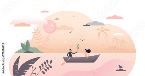 Couple in boat illustration, transparent background. Romantic date flat tiny persons concept. Summer outdoor sunset leisure activity. Symbolic privacy, discretion and isolation visualization.