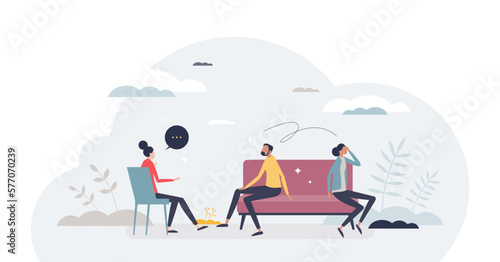 Couples therapy with therapist marriage problem session tiny person concept, transparent background. Psychological mental support and help from professional specialist illustration.