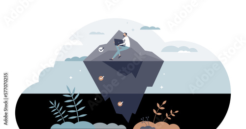 Dark web, deep and visible websites content proportions tiny person concept, transparent background. Internet iceberg as hidden.