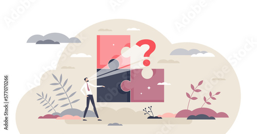 Decision puzzle as thinking best solution for problem tiny person concept, transparent background.Confused businessman about choice and strategy illustration.