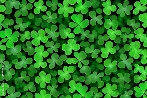 Background with green clover leaves for Saint Patrick's day. Shamrock as a symbol of fortune. Generative AI.
