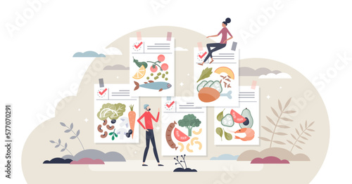 Diet plans and eating control with ingredients program tiny person concept, transparent background. Dieting planning with nutrition schedule and preplanned regime list illustration.