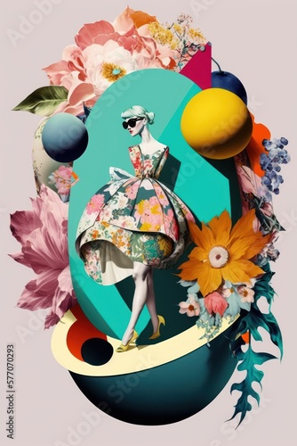 Spring creative retro, contemporary abstract pop art collage style of colorful, vivid fresh flowers and woman portrait, elements and traditional symbols background. Generative AI.