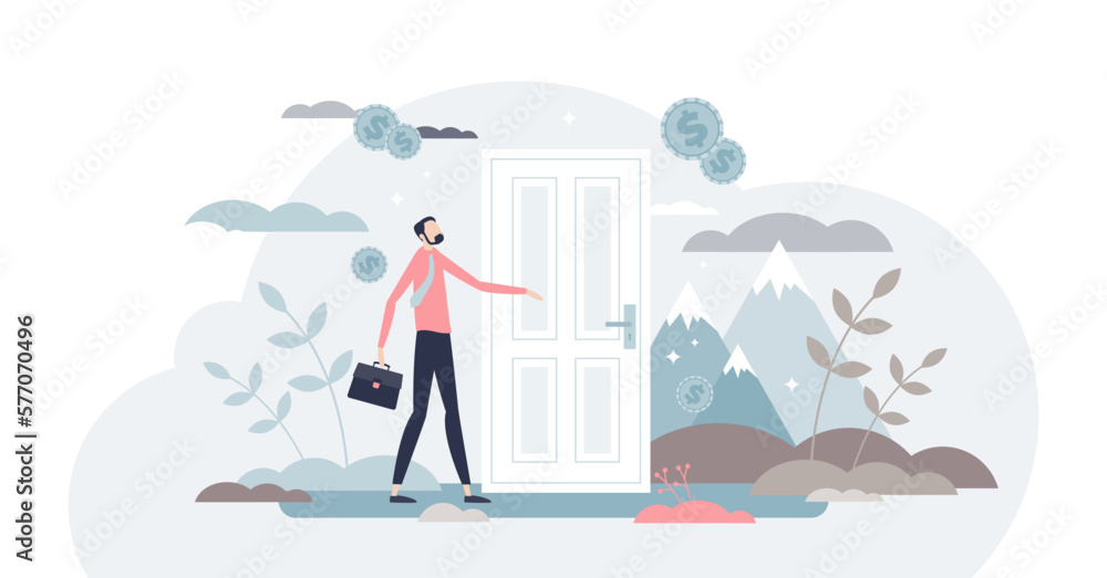 Opportunity doors as open new business challenge or hope tiny person concept, transparent background.Career path entrance with life changing decision for businessman illustration. Opportunity doors as open new business challenge or hope tiny person concept, transparent background.Career path entrance with life changing decision for businessman illustration.