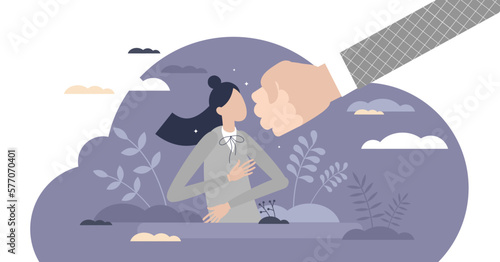 Gender violence victim with force abuse and aggression tiny person concept, transparent background.Male assault with physical harassment and cruel wife punishment illustration.