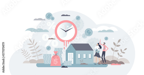 Mortgage relief as financial loan for house or property tiny person concept, transparent background.Time till last payment and economical independence from bank illustration.