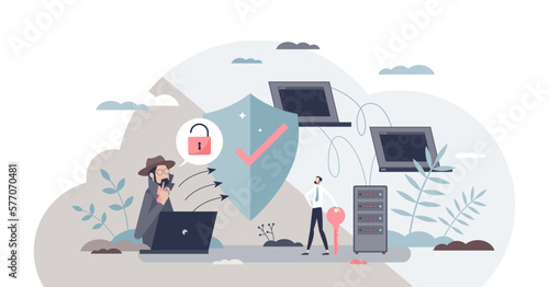 Network security and safe data file storage with shield tiny person concept, transparent background. Information protection from criminal hackers and thief.