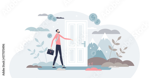 Opportunity doors as open new business challenge or hope tiny person concept, transparent background.Career path entrance with life changing decision for businessman illustration.