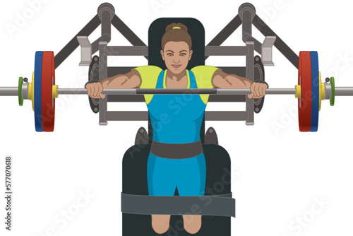 para sports paralympics powerlifting female lifting barbell and lying on bench press, aerial view isolated on background