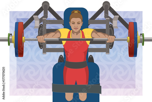 para sports paralympics powerlifting female lifting barbell and lying on bench press, aerial view with abstract background