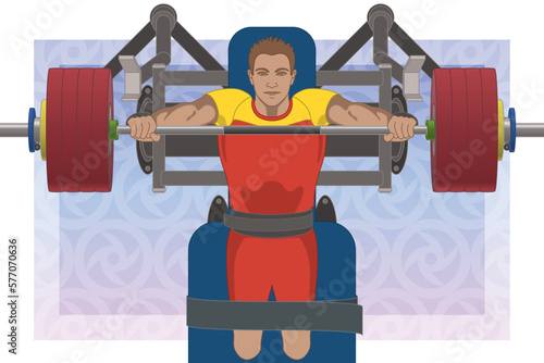 para sports paralympics powerlifting male lifting barbell and lying on bench press, aerial view with abstract background