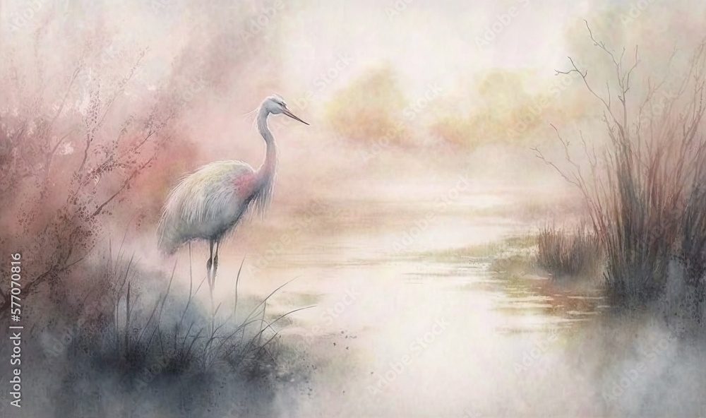 Fototapeta premium a painting of a bird standing in a marshy area. generative ai