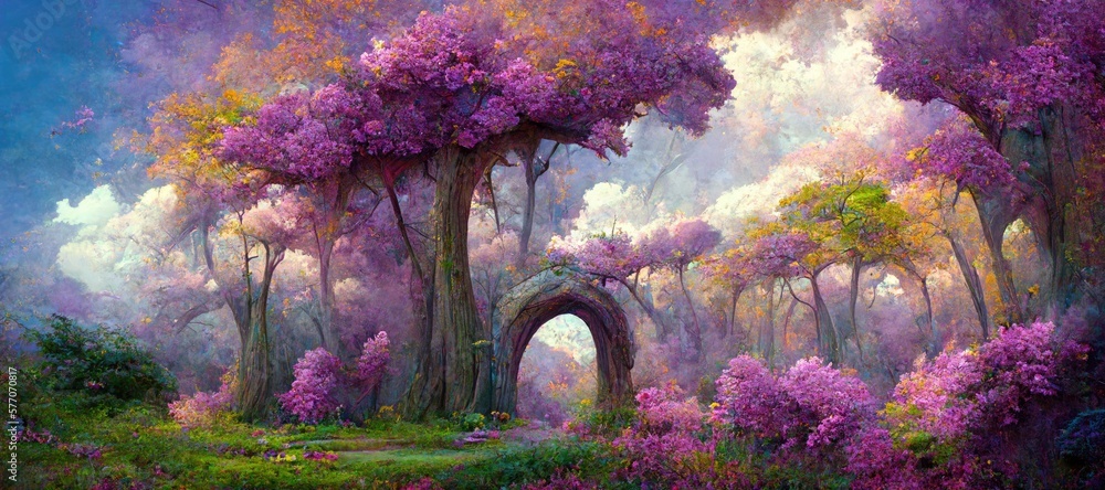 Enchanting surreal forest of purple and pink cherry tree blossoms ...
