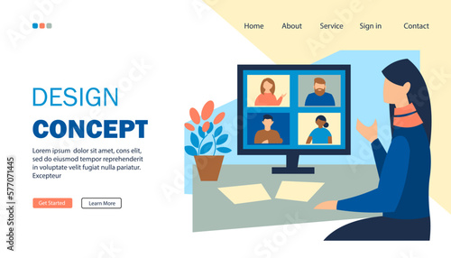 Virtual meeting landing page. Video conference concept illustration. Young woman at the computer chatting with friends. Studying and working at home. Flat vector.