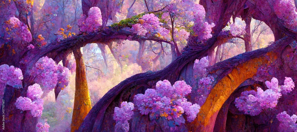 Enchanting surreal forest of purple and pink cherry tree blossoms ...