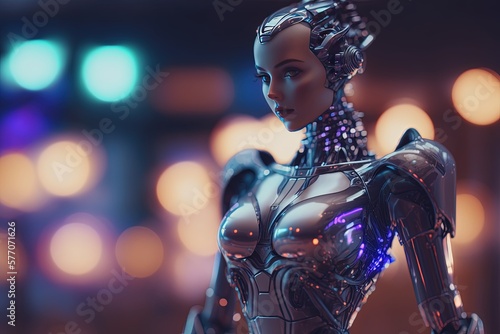 artificial intelligent female cyborg, female meta human in blurred background by ai generative