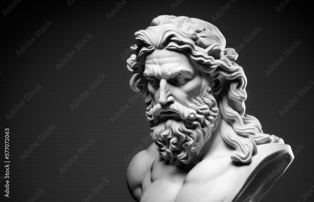 Marble Zeus (or Juppiter) head isolated on black background. Copy space, close up. History and art concept. Generative AI, no real statues or people referenced Marble Zeus (or Juppiter) head isolated on black background. Copy space, close up. History and art concept. Generative AI, no real statues or people referenced