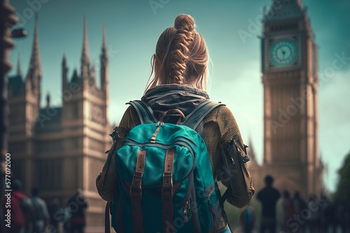 Woman Traveler Poses with Big Ben in the Background. Generative AI