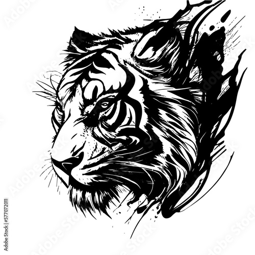 Fototapeta Naklejka Na Ścianę i Meble -  This ink splatz tiger head vector illustration is a bold and striking design, featuring intricate details of the tiger's fur, whiskers, and stripes.