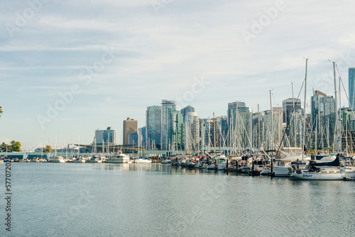 view of Vancouver skyline and Burrard Inlet from Stanley Park in autumn  Vancouver  British Columbia - sep 2019