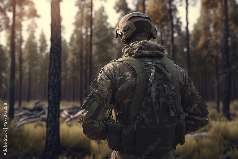 Military soldier with weapon in forest. Military man with rifle back view. Generative AI