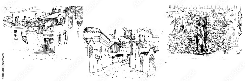 Sketch of the street. Old city street in hand drawn sketch style. Vector illustration. Black and white urban landscape on white background