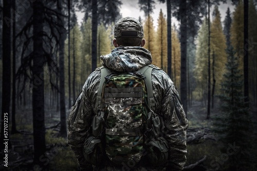 Back view of infantry soldier in camouflage at forest. Generative AI