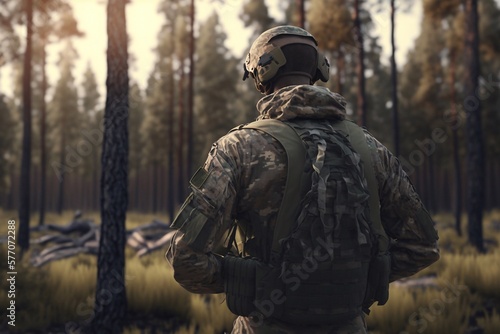 Military soldier with weapon in forest. Military man with rifle back view. Generative AI