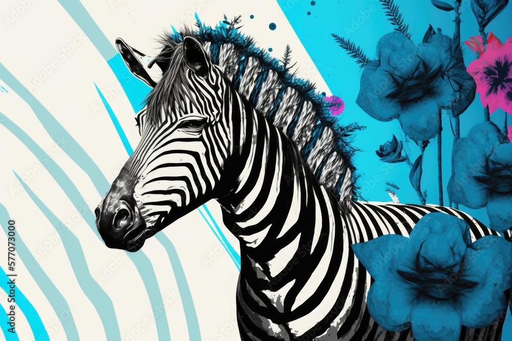 Fototapeta premium Desiring to improve one's situation through daydreaming. A zebra like animal with a unicorn's blue flowers and a pink background, as an alternative to the traditional zebra. Void, or empty space. Cont