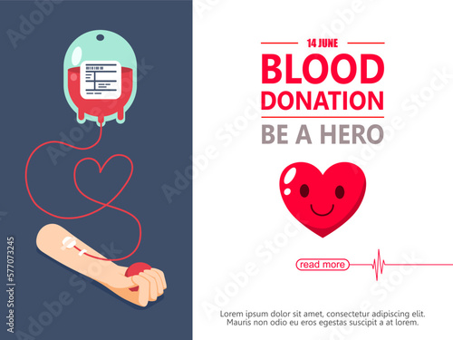 Blood donation day. Give life to be a hero. The donor blood bag is delivering blood to the recipient of the arm, sustaining life for the patient. Vector illustration isometric for poster and banner.