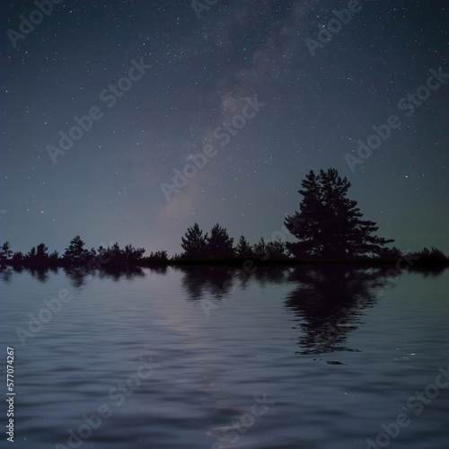 night starry sky with forest silhouette reflected in a lake