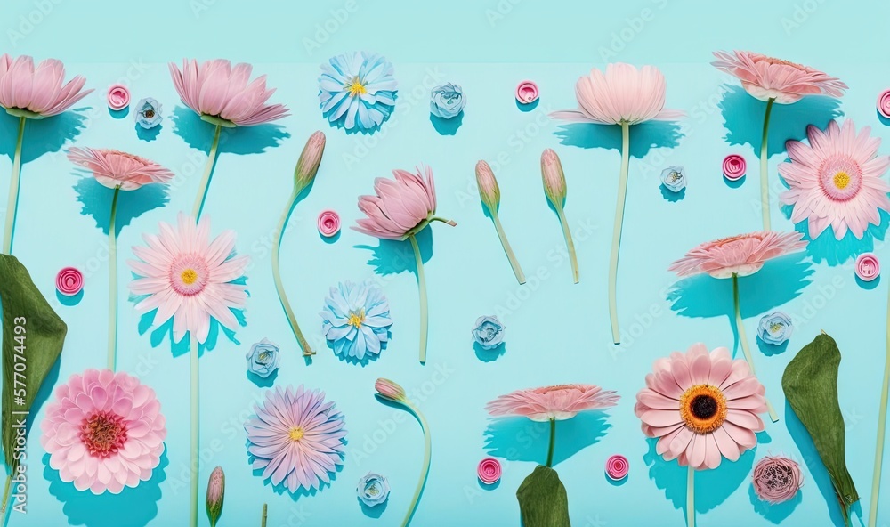  a group of pink and blue flowers on a blue background.  generative ai