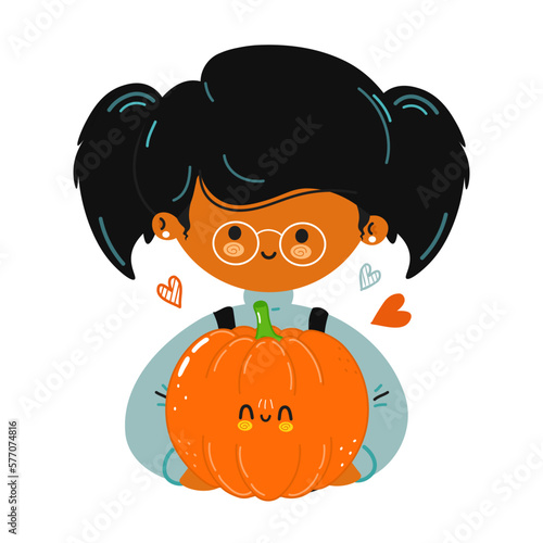 Young cute funny girl hold Donut in hand. Girl hugs cute Donut. Vector hand drawn doodle style cartoon character illustration icon design. Isolated on white background