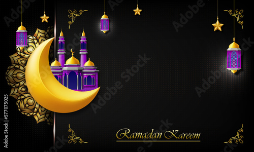 ramadan kareem greeting card. luxury and elegant islamic celebration poster with free space for cover design or text. isolated on black background. vector illustration