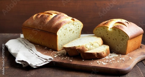 Homemade bread on the table, sliced bread. Generative AI