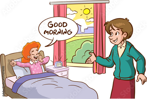 The children who wakes up and his family saying good morning