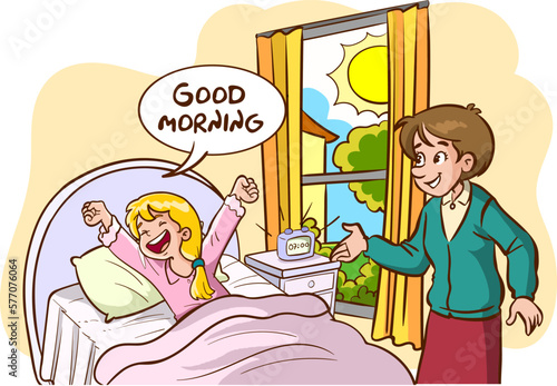 The children who wakes up and his family saying good morning