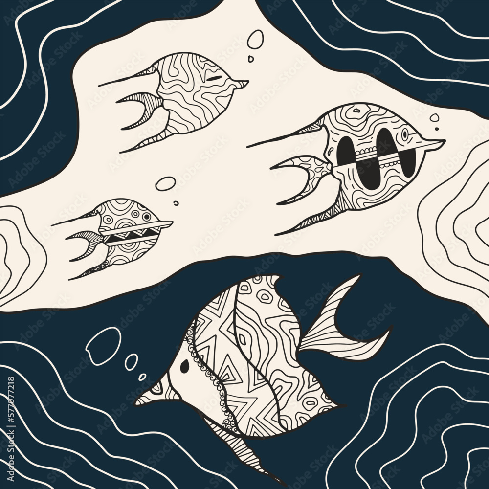Doodle abstract art fish pattern, hand drawn illustration of underwater ...