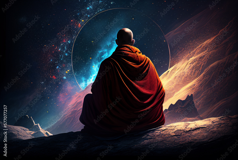 A Tibetan monk meditates against the backdrop of landscape and space. A fantastic world. A huge universe. Clouds, sand, mountains, sky. Generative AI. - obrazy, fototapety, plakaty 