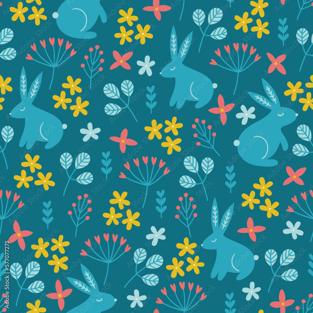 Easter seamless pattern with rabbits, berries, leaves and flowers