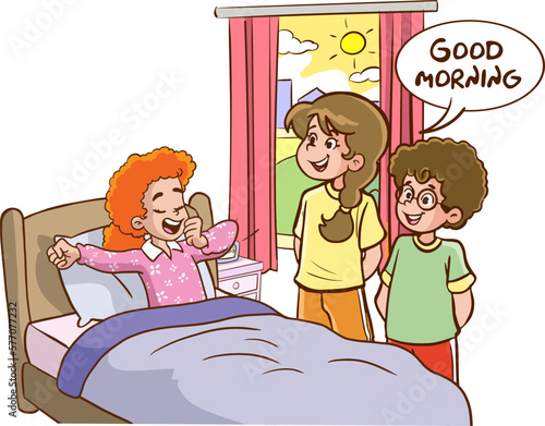 The children who wakes up and his family saying good morning