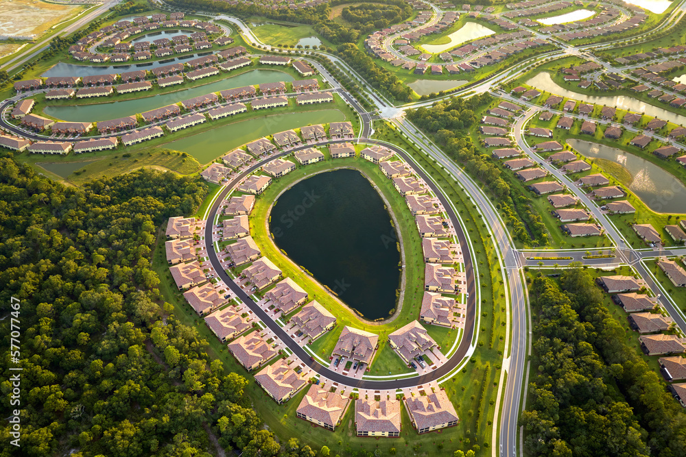 Aerial view of tightly packed homes in Florida closed living clubs with