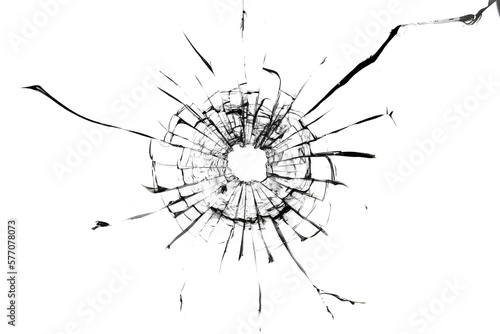 Shot hole, texture of cracks on the glass. Broken windshield. Damaged car window