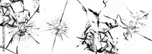 Set of cracks on broken glass  bullets from a bullet shot. Collage of 4 photos for design