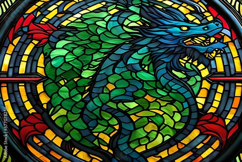 Stained glass of Dragon fire and cross. Generative AI