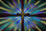 Stained glass of Graphic Christian cross with abstract rays of light. Generative AI