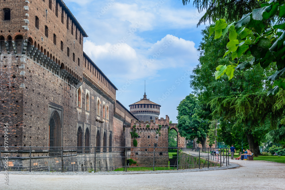 Sforza Castle (Castello Sforzesco), a castle in Milan, Italy. It was built in the 15th century by Francesco Sforza, Duke of Milan in Milan, Italy.