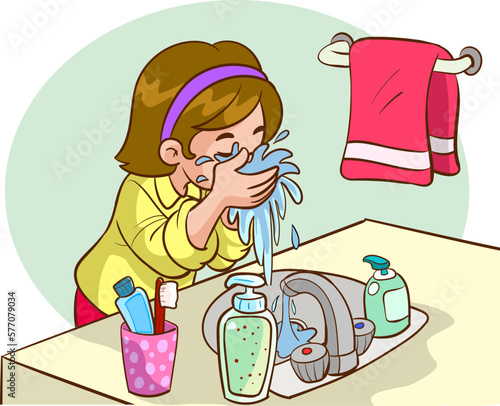 child washing face cartoon vector